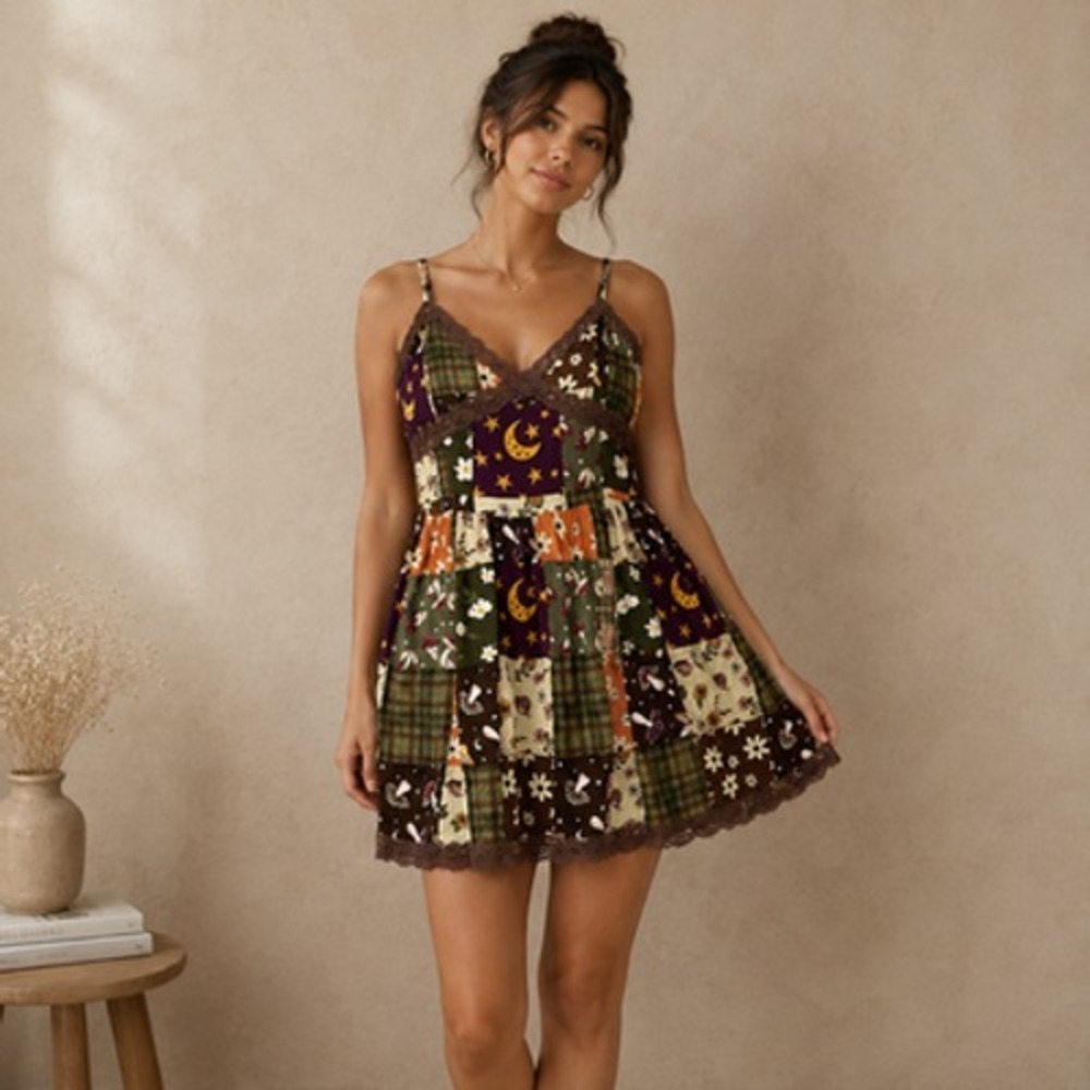 Thorn & Fable Y2K Dress Womens XL Patchwork Celestial Mushroom Lace Mini Boho
